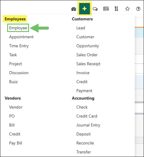 Striven Quick Add menu highlighting the Add Employee option