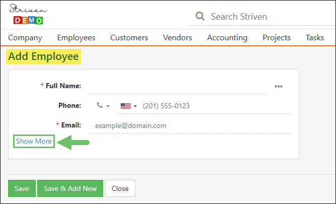 Add Employee page highlighting the option to Show More data fields