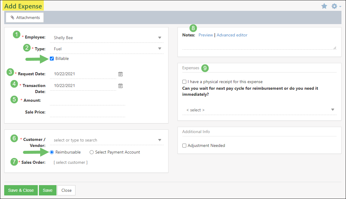 Add expense Page with fields for Employee, type, request date, transaction date, amount, customer/vendor, sales order, notes & custom fields