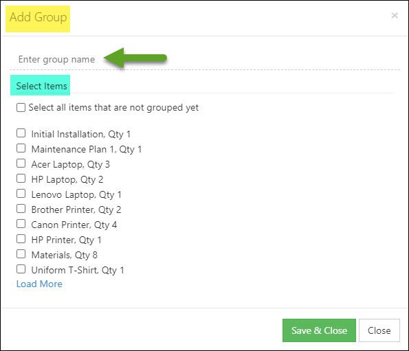 Add Group popup to create custom line item grouping