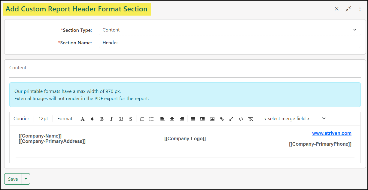 Example of adding a section to the Custom Report Header Format