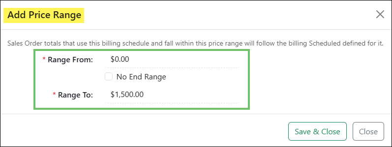Example of the Add Price Range Window