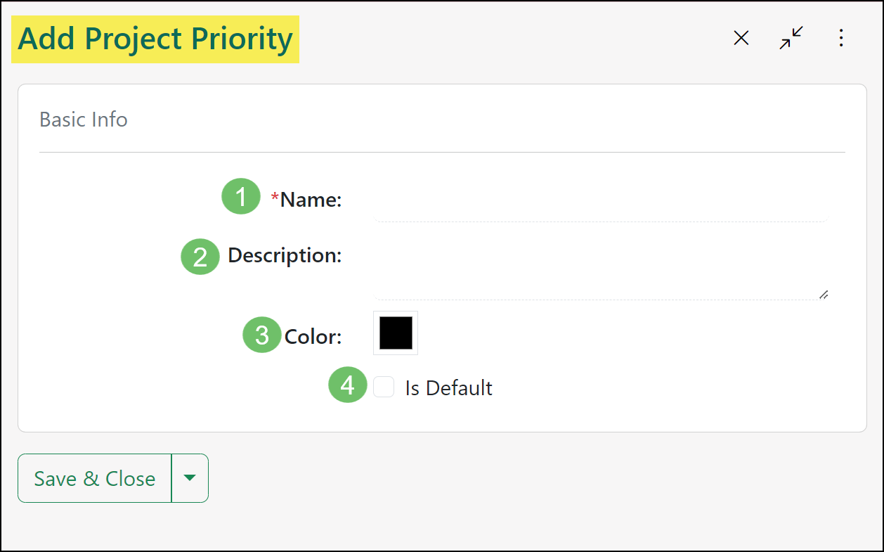 Image of the Add Project Priority page, highlighting the options available