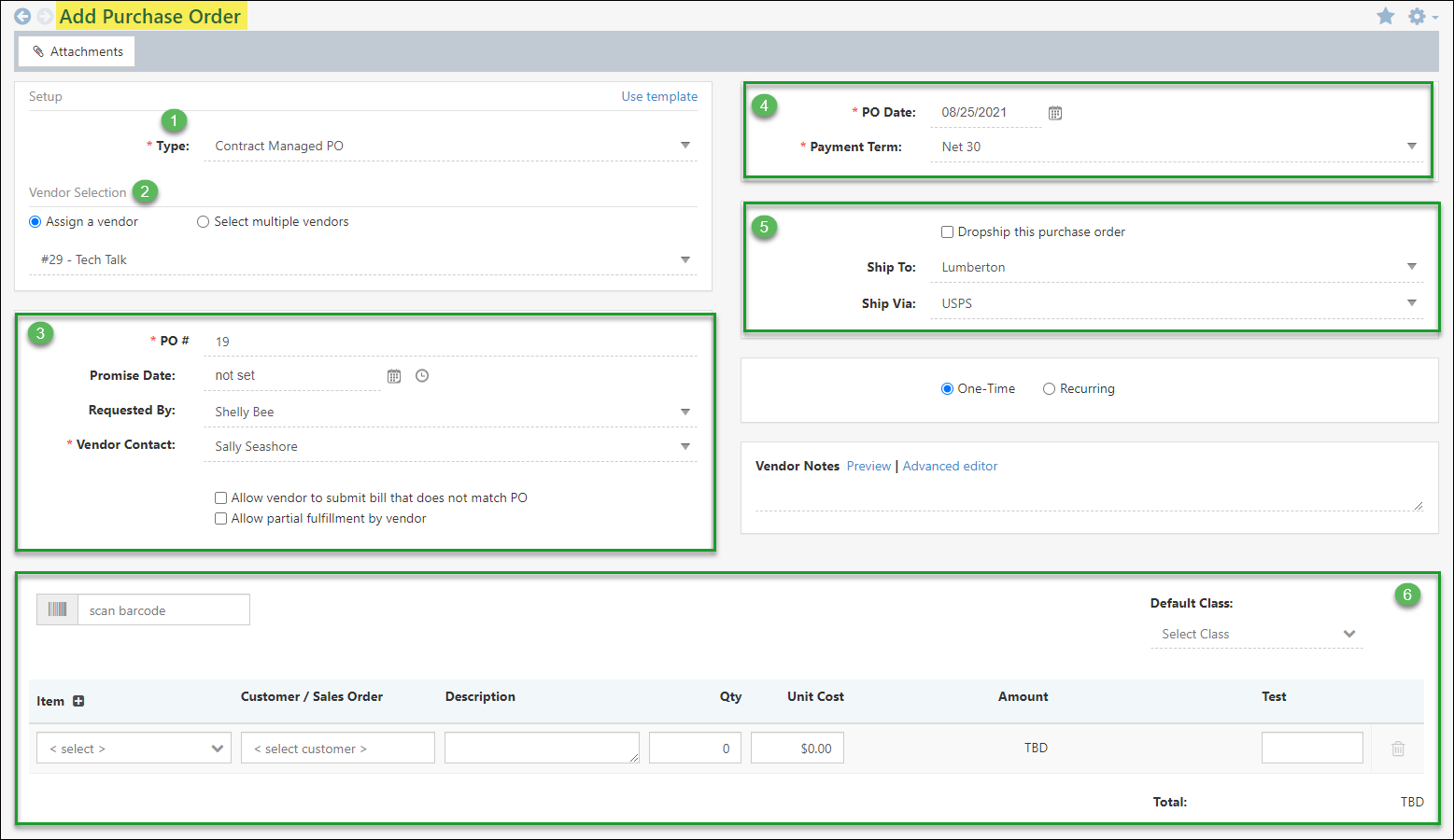 Add Purchase Order page with options to select type, vendor, vendor contact, payment terms, shipping method, and items