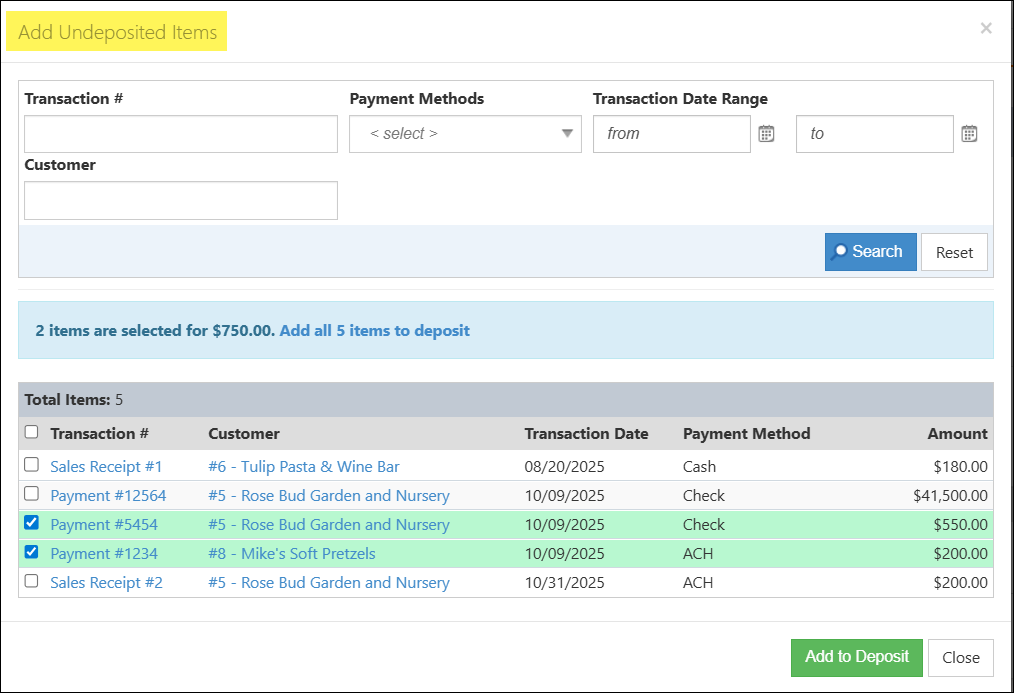 Example of the Add Undeposited Items popup
