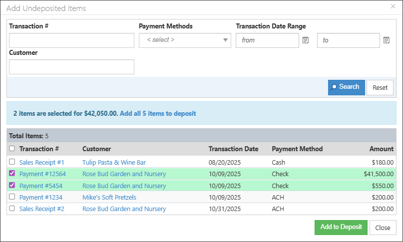 Example of the Add Undeposited Items popup