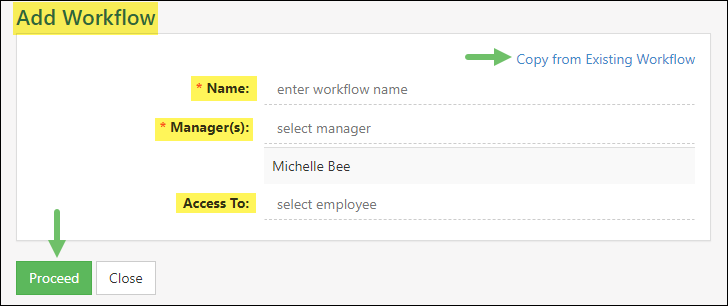 Popup window displaying the options for adding a workflow