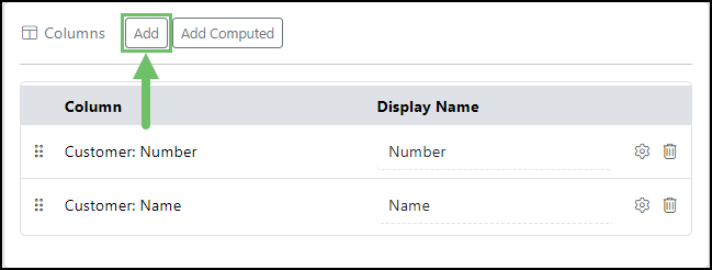 Image of the Add button located in the columns section of a report