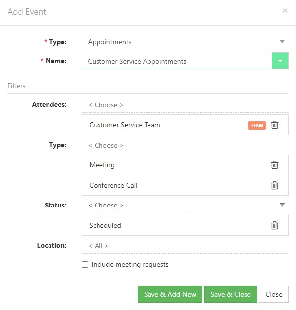 Adding appointment type event to calendar with name, attendees, type, status, location and optin to include meeting requests