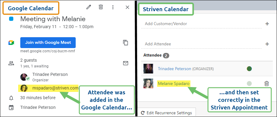 Adding attendees to Google view in striven