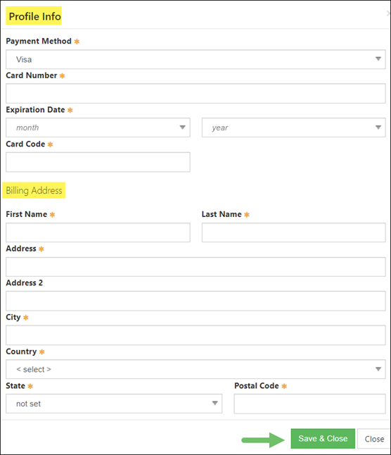 The Add Payment Profile page for Authorize.net from a Payment in Striven
