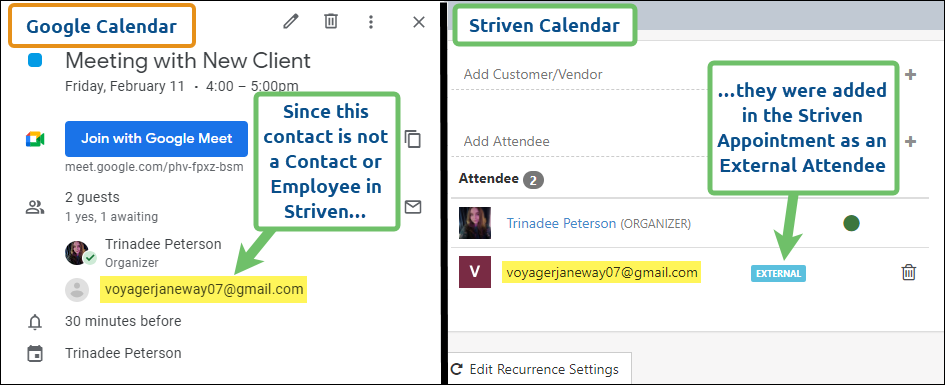 Adding external attendees to google view in Striven