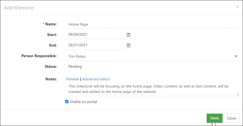 Adding Milestone options including milestone name, start/end dates, person responsible, status, notes, and option to make visible on portal