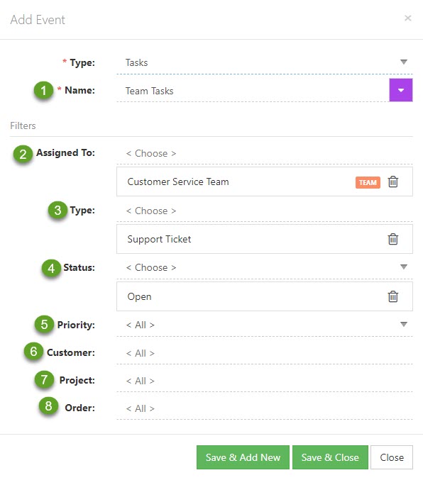 Adding a task event including the name, type, status, priority, customer, project, and order