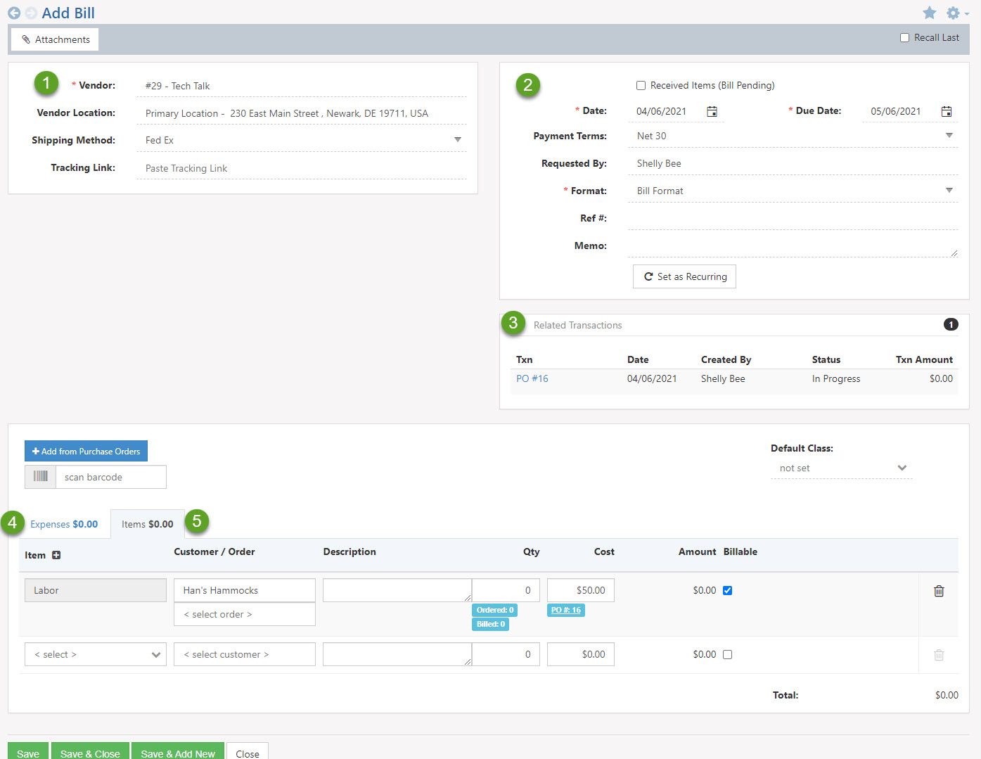 Add Bill page including vendor info, PO info, related transactions, expenses, items, and total