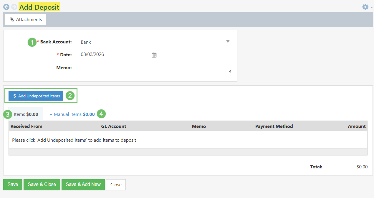 Add Deposit page indicating the bank account field Add Undeposited button, Items tab and manual Items tab.