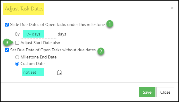 Adjust Task Dates popup with options for adjusting due dates, start dates, and set due dates on tasks without due dates