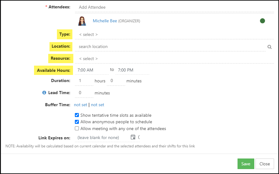 Image of the Advanced Settings for External Appt Links