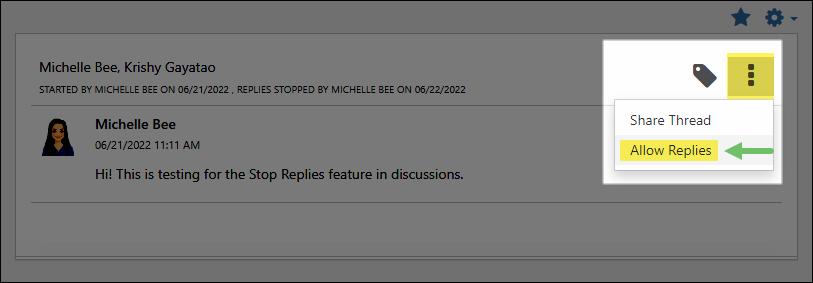 Discussion kebab menu option to Allow Replies