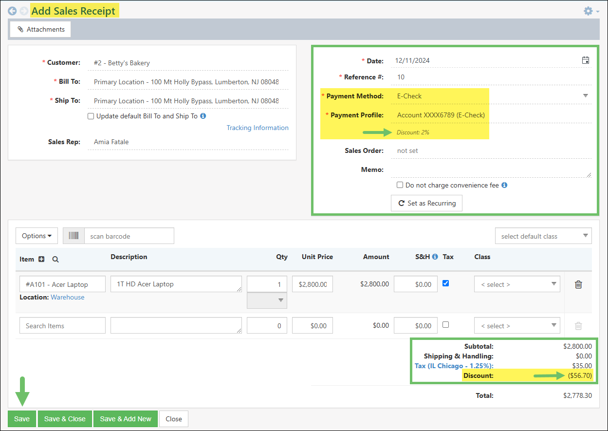 Add Sales Receipt page for E-Check to apply a Discount