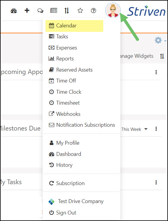 Example of how to access the Calendar via the Profile Menu in Striven