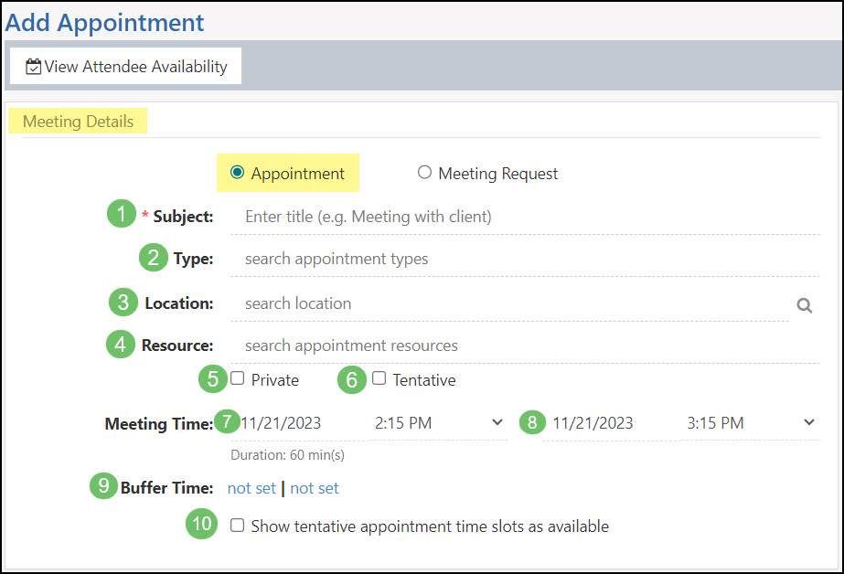 Detailed view of the Add Appointment screen within Striven.