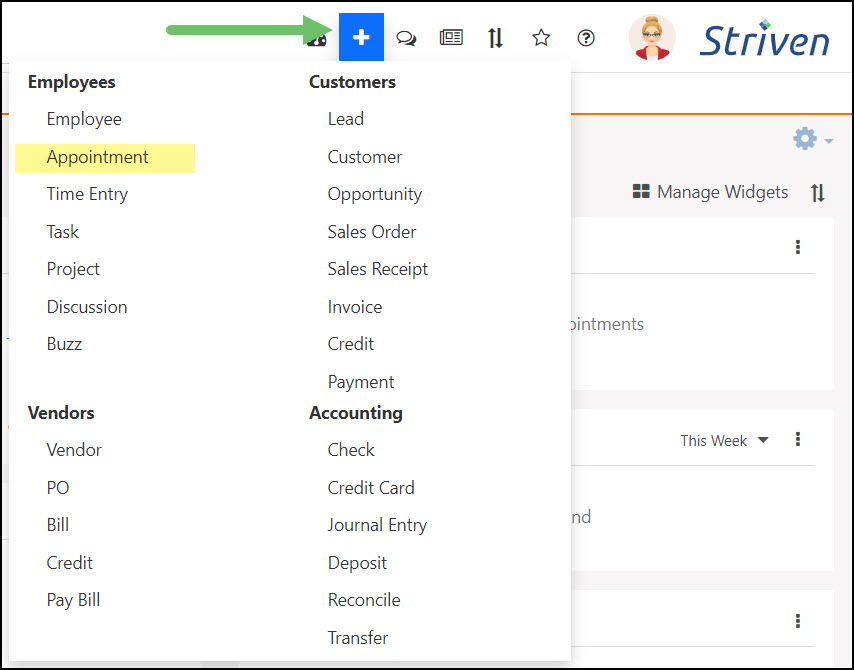 Example of where to Add an Appointment using the Quick Add Menu within Striven