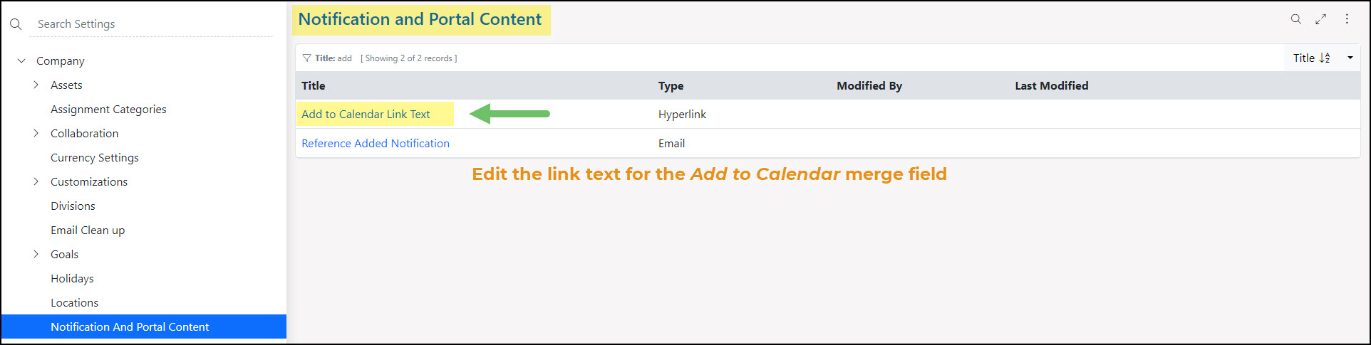 Image reminder to add the Calendar Link to this Add to Calendar Notification and Portal Content 