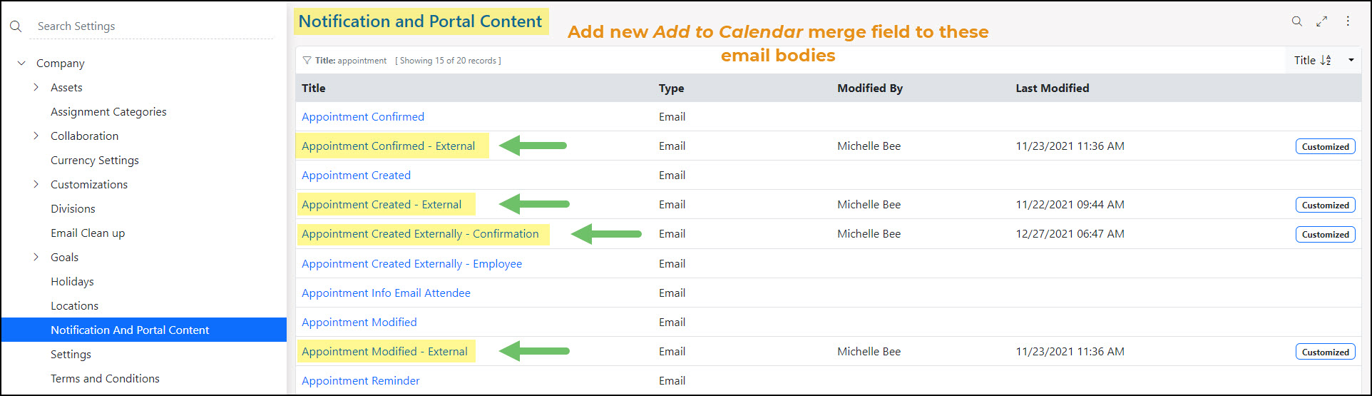 Example of which Notification and Portal content to add the Add to Calendar merge field to within Striven