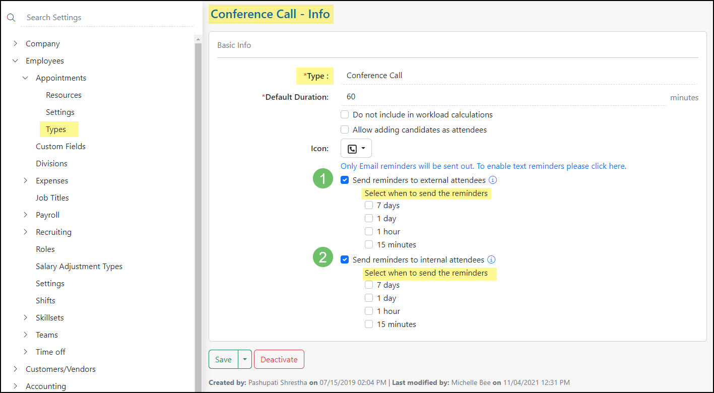 Example of the Appointment Reminder settings located at the Appointment Type level within Striven