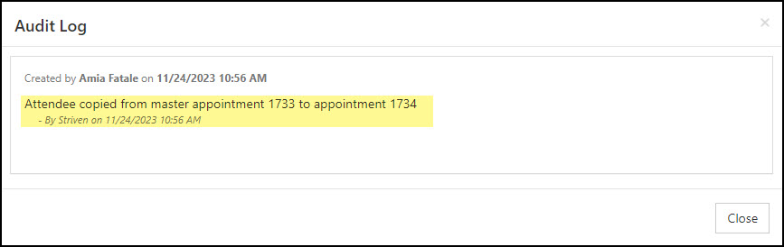 Example of an Appointment Audit Log within Striven