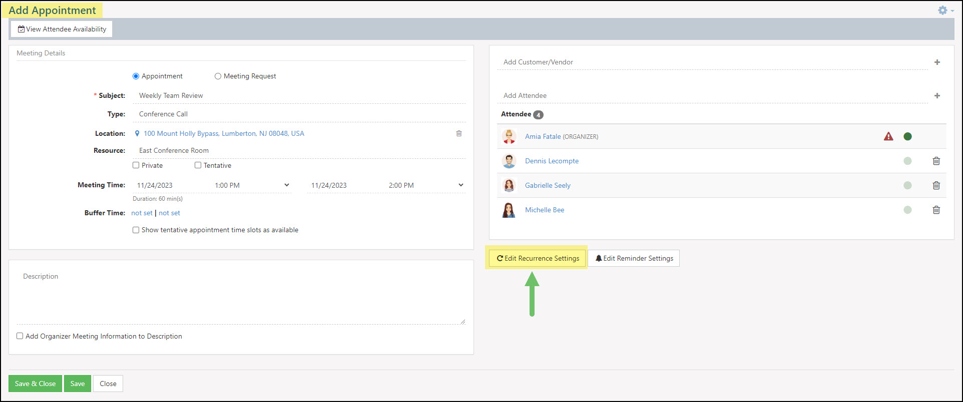 Example of the Add Appointment page in Striven with the Edit Recurrence Settings highlighted.