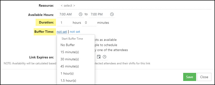 Example of adding duration and buffer time settings to an External Appointment link within Striven