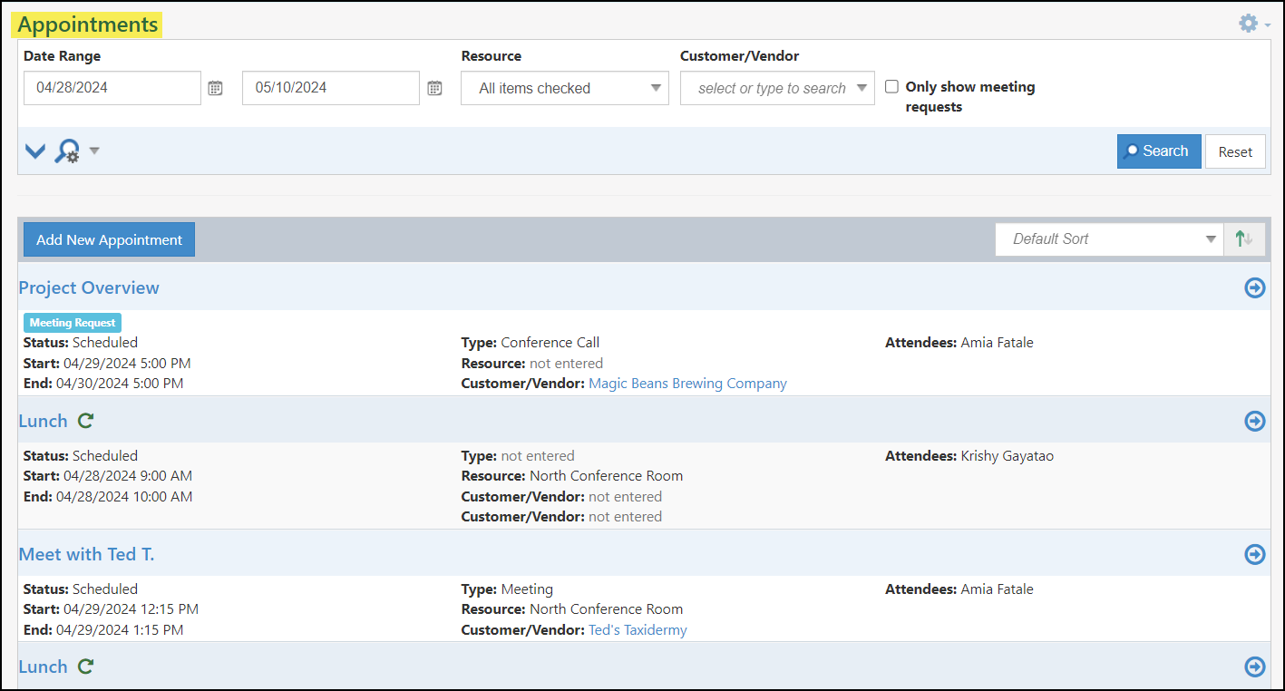 Image of the Appointments Activity page within Striven