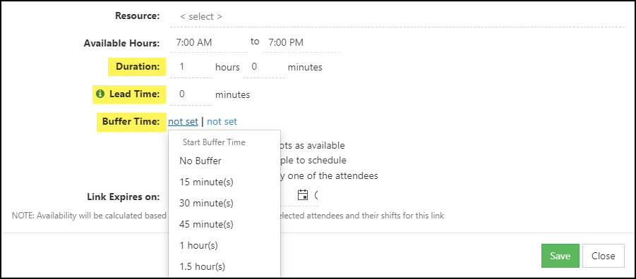 Example of the Duration, Lead time, and Buffer Time settings on an Appt Link