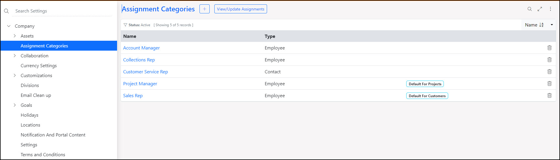 List view of the Assignment Categories within Company Settings in Striven