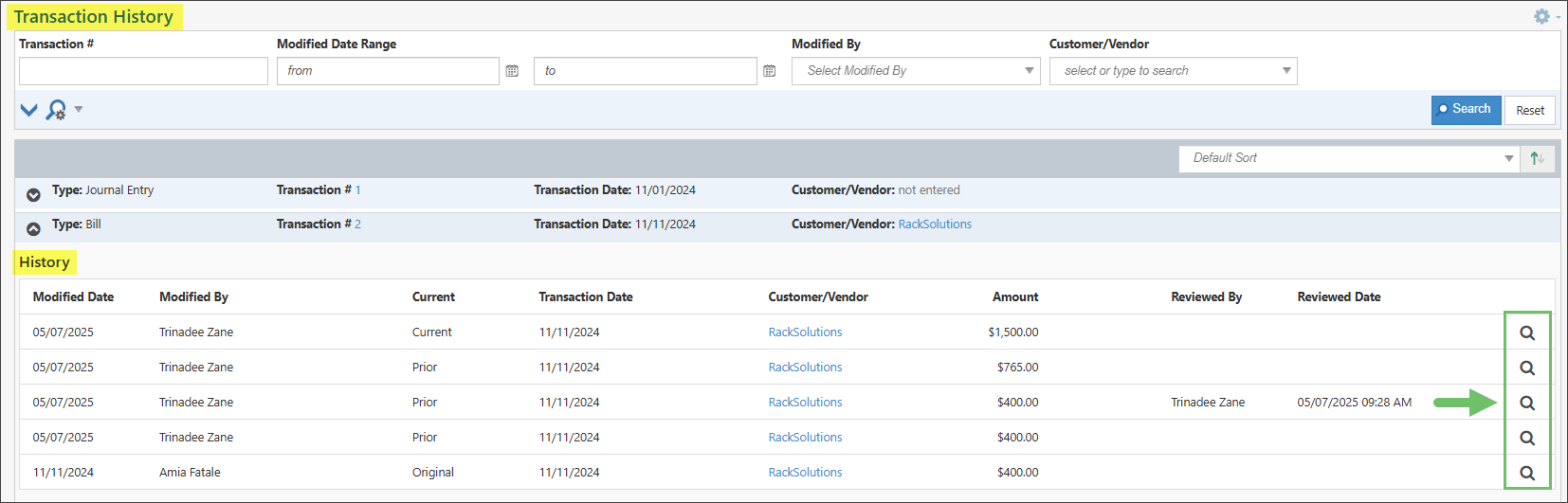 Example of the View History icon on the Transaction History Audit Trail Report