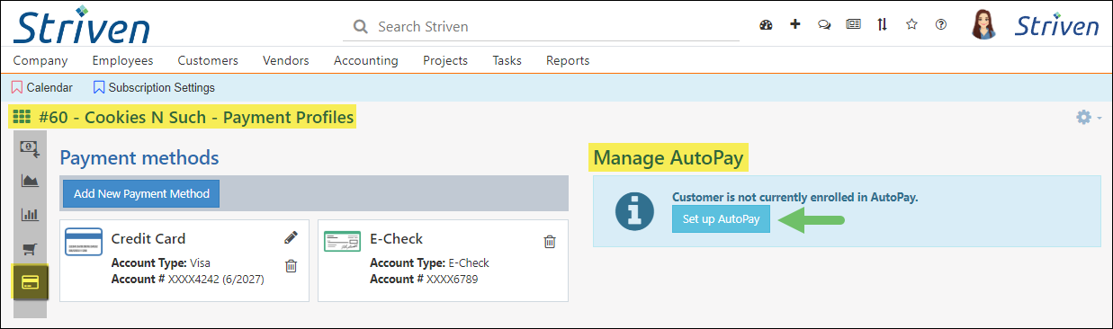 Customer Payment Profile page showing AutoPay Setup button