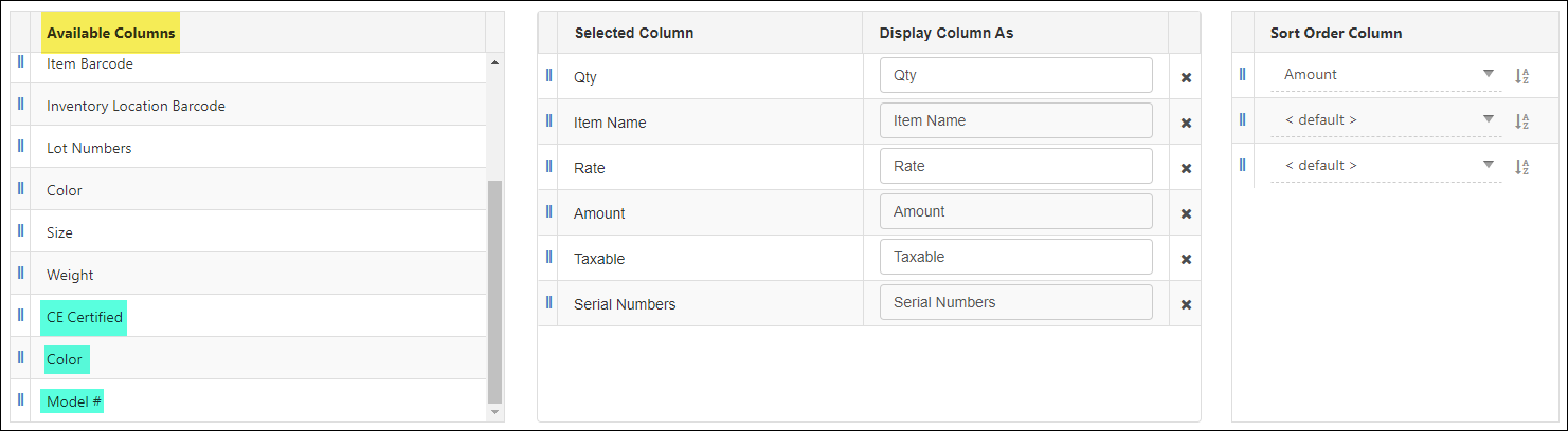 Available Columns with custom fields
