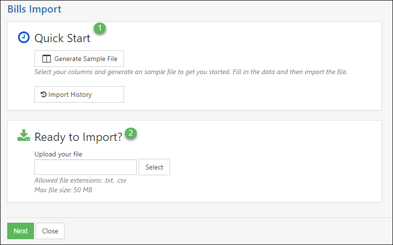 Bills Import Page with option to Generate Sample File, view import history or upload a file