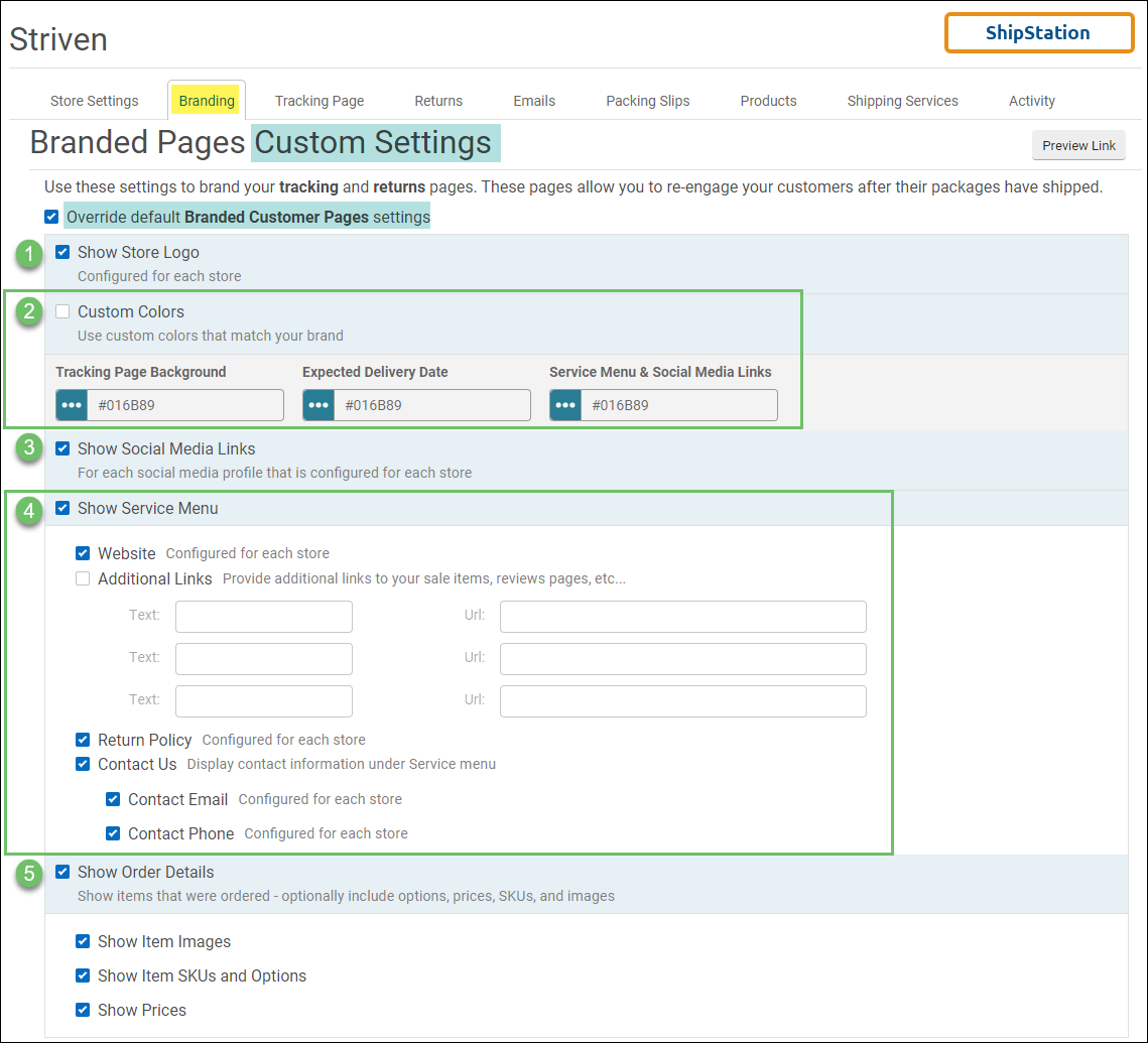 Branded Pages Custom Settings including store logo, custom colors, services menu and order details