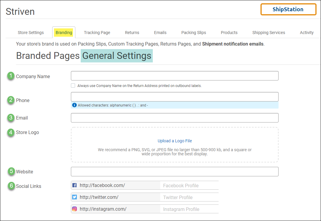 Branded Pages General Settings including Company Name, Phone, email, store logo, website and social links