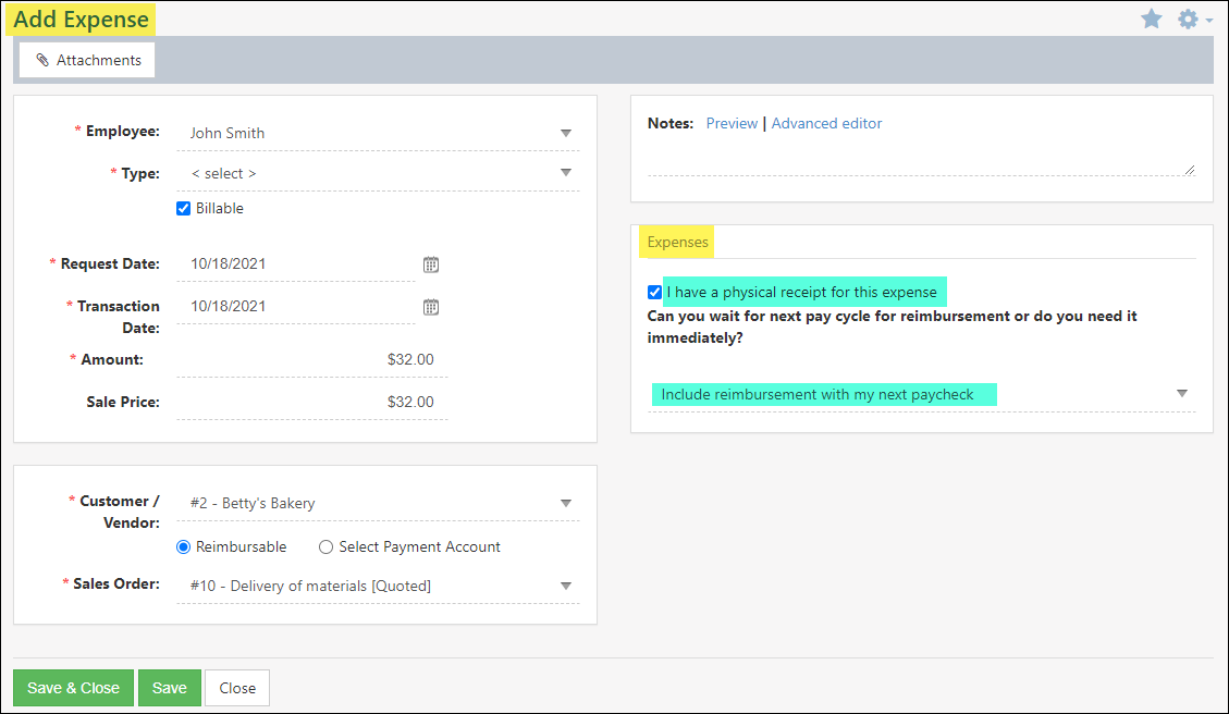 Custom fields on Add Expense page