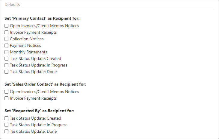 CRM Defaults Settings including Primary Contact as Recipient, Sales Order Contact as recipient, and Requested By as recipient