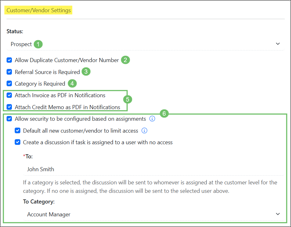 Image of the Customer/Vendor Settings found on the CRM Settings page within Striven.
