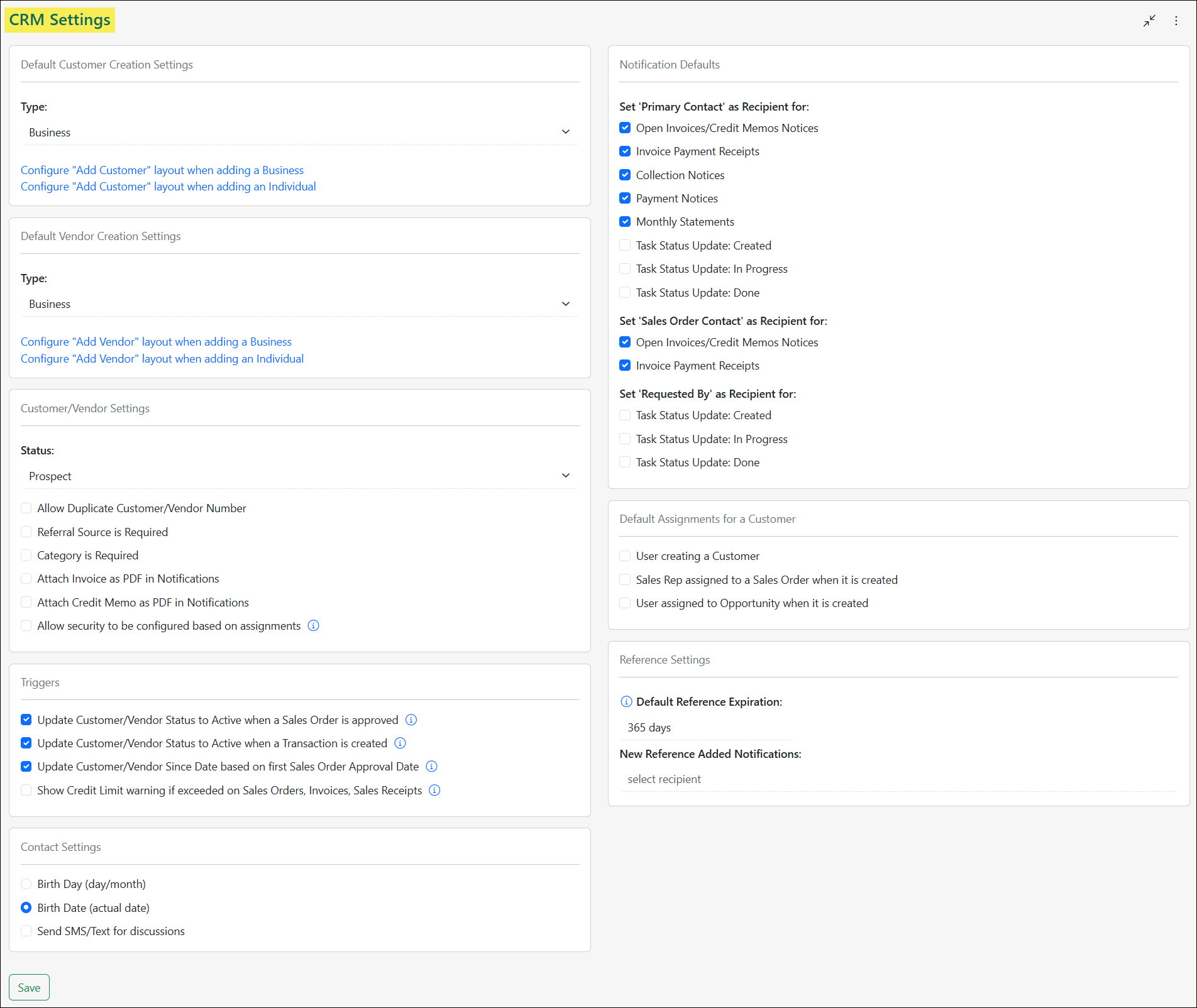 Example of the CRM Settings page within Striven