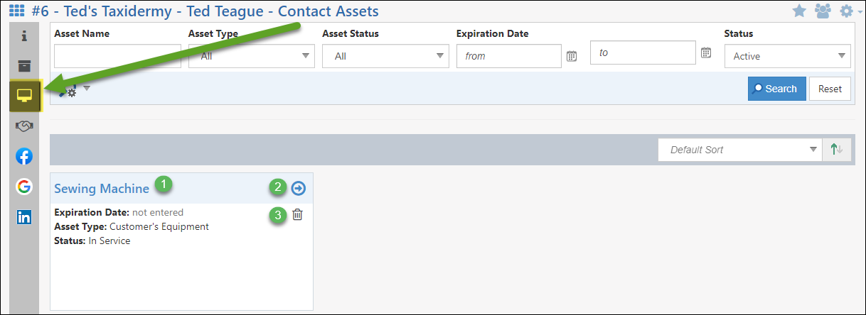 Customer/Vendor Contact Asset Associations page including asset name, go to option, and deactivate button