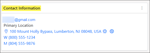 Imaging showing an example of a Contact Information widget from the Contact Dashboard showing the related email address, location, address, and phone numbers