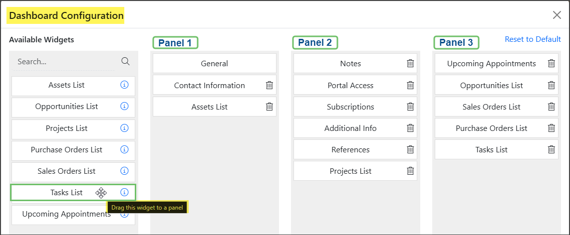 Example of the Dashboard Configuration Popup showing the available widgets and layout options