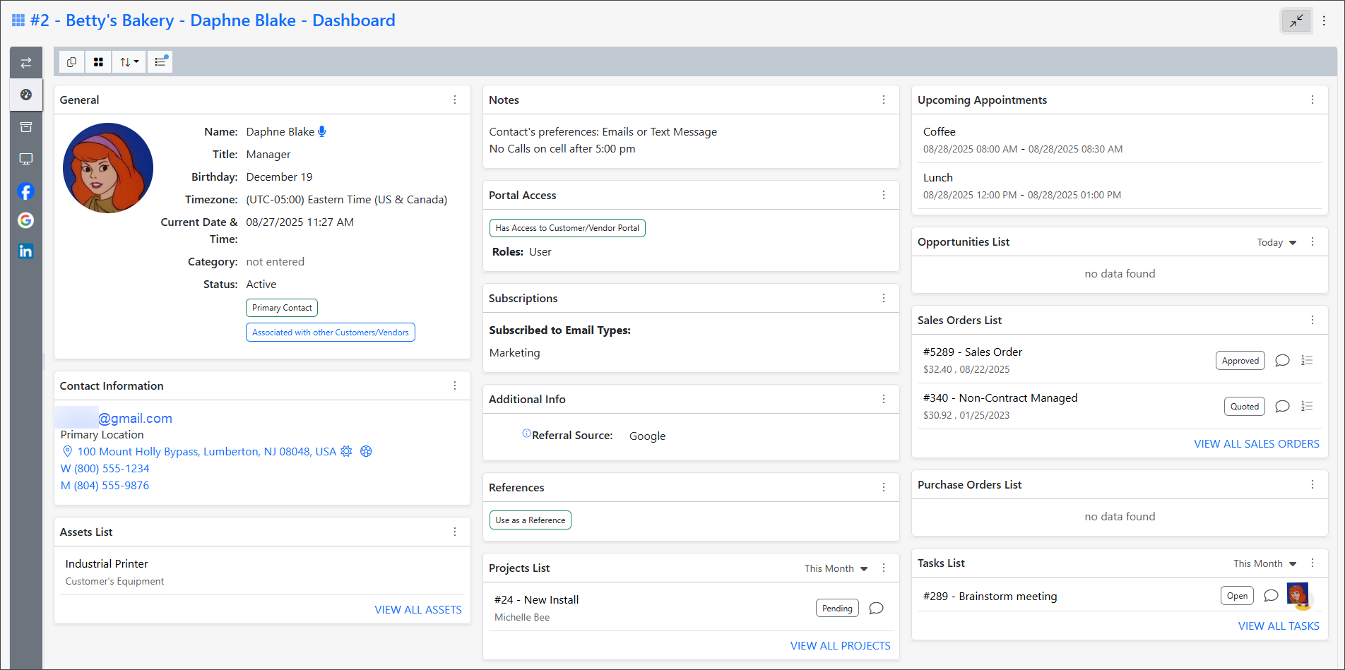 Example of a Customer/Vendor Contact Dashboard in Striven